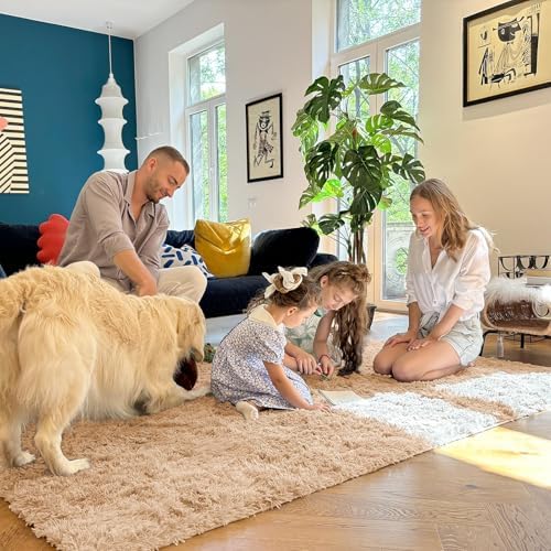 OLANLY 8x12 Machine Washable Large Area Rugs for Living Room, Bedroom, Soft Fluffy Shaggy Bedside Rug, Indoor Floor Carpet for Kids Girls and Boys, Dorms, Nursery, Home Decor Aesthetic, Beige