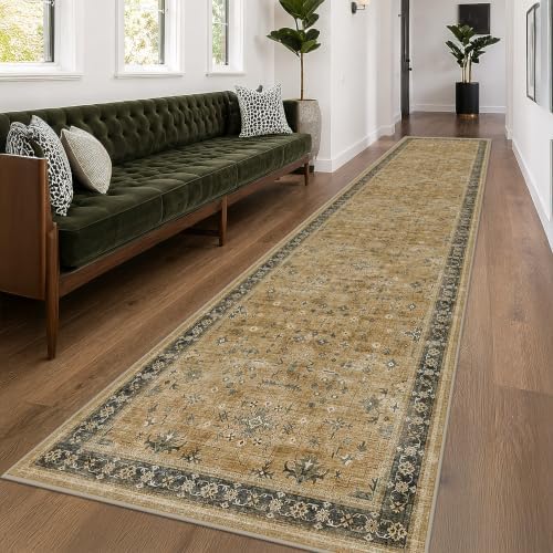Washable 2x10 Entryway Long Runners for Hallways, Kitchen Floor Mat for Indoor Entrance, Vintage Rustic Brown and Charcoal Olive Decor, Non-Slip Stain Resistant Low-Pile Throw Rug