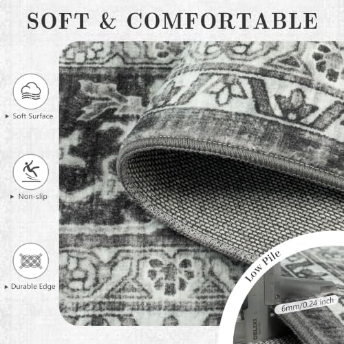 8x10 Area Rugs for Living Room - Washable Vintage Retro Large Rug, Soft Ultra Thin Non Slip Low Pile Traditional Distressed Boho Carpet for Bedroom Dining Room Home Office, Black Grey