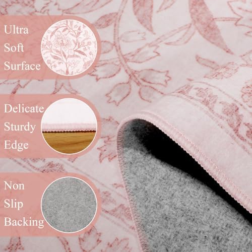 DUKINO 6x9 Area Rug Vintage Floral Washable Rugs for Living Room Light Pink