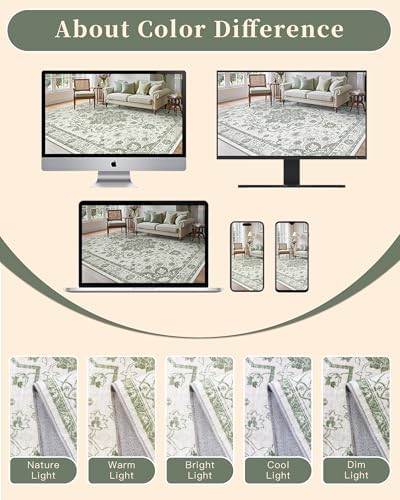 Madane 8x10 Area Rugs for Living Room, Washable Soft Rug Green/Ivory
