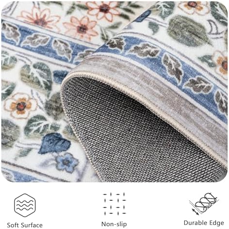 9x12 Area Rugs, Machine Washable Low Pile Floral Rugs for Living Room, Bedroom, Large Boho Area Rug with Non-Slip Backing for Dining Room(Beige Floral)