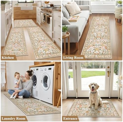 HEBE Boho Kitchen Rugs Set of 3, Non Slip Washable Kitchen Mats for Floor