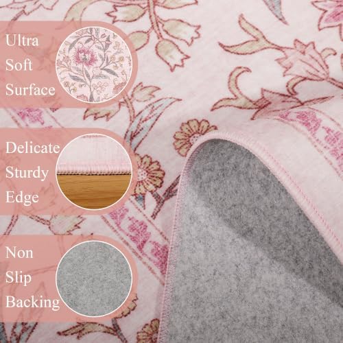 DUKINO 2x10 Runner Rug for Hallway, Washable Vintage Floral Rug, Pink