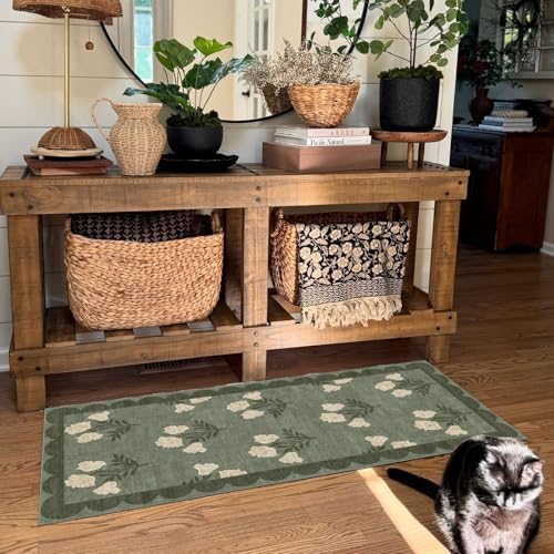 Front Door Mat Indoor Entrance - 2x4.3 Sage Green Boho Floral Rug