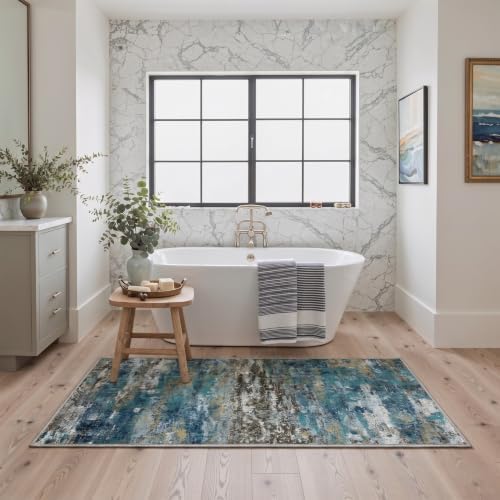 BEIMO 3x5 Faded Teal Abstract Area Rug, Washable Non-Slip for Bedroom