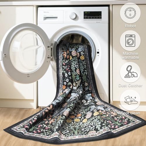 PLHXFR Round Area Rug Living Room: 6 ft Floral Washable Carpet Dark Black