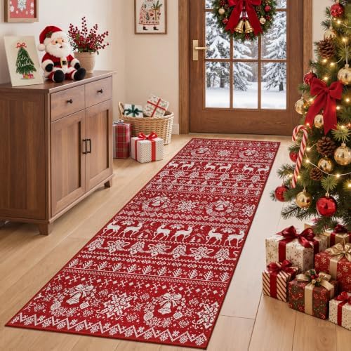 Miukiki Washable 2x5 Christmas Runner Rug Non Slip Kitchen Rugs Red