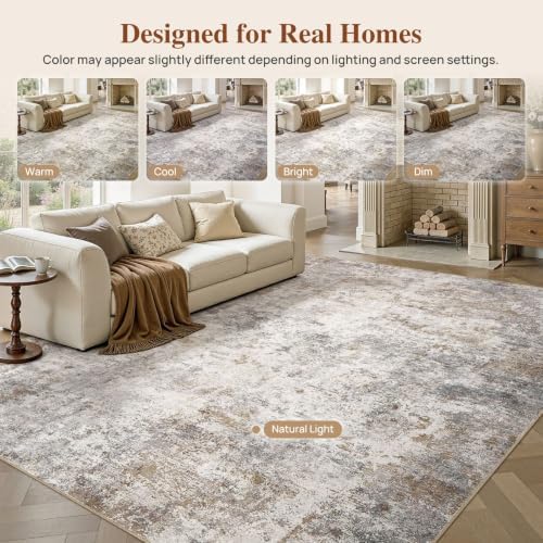 UERMEI 7x9 Area Rug Living Room Rugs - Washable Neutral Modern Abstract Soft Thin Large Rug Indoor Floor No Slip Rug Carpet for Bedroom Under Dining Table Home Office Decor - Brown Grey