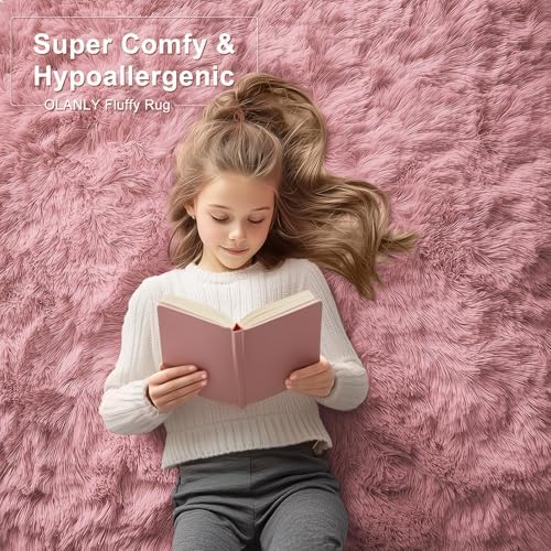 OLANLY 5x7 Machine Washable Large Area Rugs for Living Room, Bedroom, Soft Fluffy Shaggy Bedside Rug, Indoor Floor Carpet for Kids Girls and Boys, Dorms, Nursery, Home Decor Aesthetic, Pale Pink