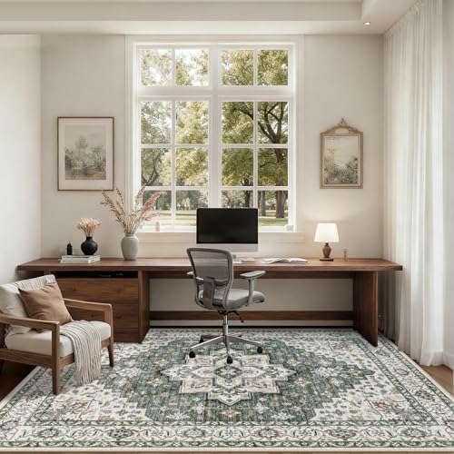 9x12 Area Rugs Living Room: Washable Rug for Bedroom Green Ivory