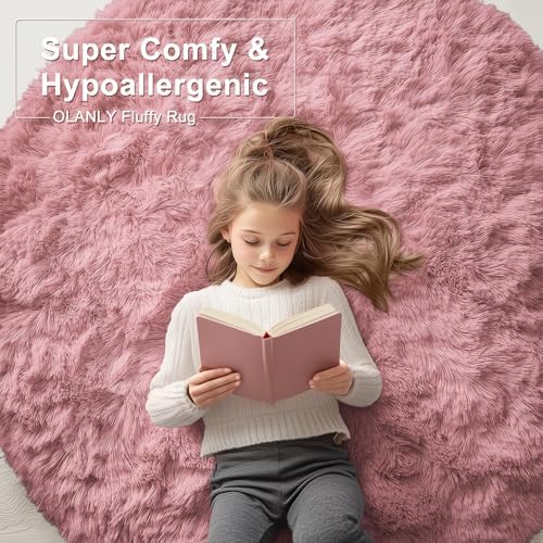 OLANLY Pale Pink Round Rugs for Bedroom - Machine Washable, 6 ft Circle Area Rugs for Living Room, Soft and Fluffy Shaggy Carpet for Teen Girls and Boys, Nursery Rooms, Dorms, Home Decor Aesthetic