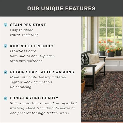 Boho Vintage 2x7 Long Runner Rugs for Entryway, Ultra Thin Kitchen, Bathroom, Hallway Rug, Low-Pile Washable Dark Brown Natural Floral Rug, Non-Slip Stain & Fade Resistant
