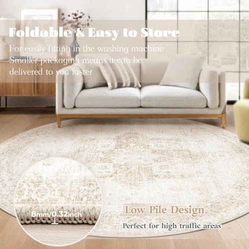 Round Rugs 8ft Washable Rug, Vintage Boho Medallion Rugs Non-Slip Soft Low Pile Circle Distressed Rug Indoor Retro Carpet for Living Room Bedroom Dining Room Home Office (Beige, 8' Round)