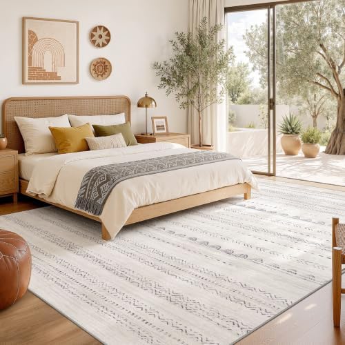 Area Rug Living Room Rugs: 12x18 Large Soft Machine Washable Boho Moroccan FarmNeutral Stain Resistant Indoor Floor Carpet for Bedroom Under Dining Table Home Office Decor-Boho Grey