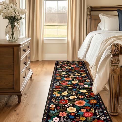 Floral Washable 2x10 Area Rugs Runner Entryway Hallway Black