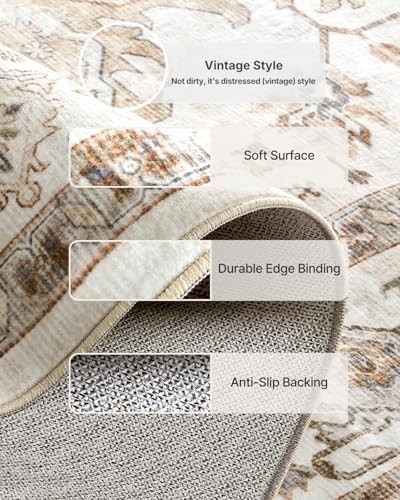 Amada Large 10x14 Washable Area Rug for Living Room, Beige, Boho Vintage
