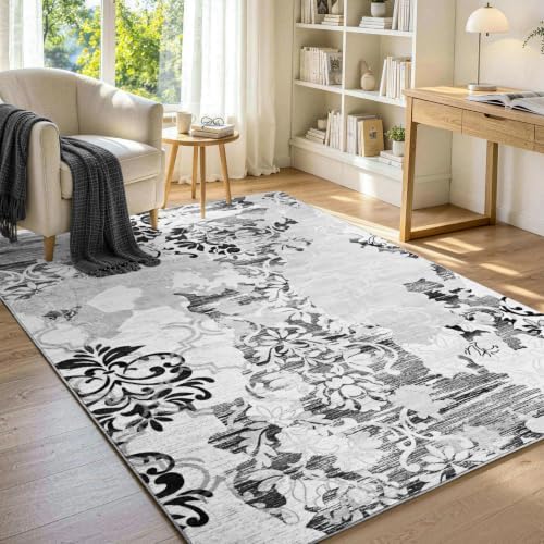 5x7 Washable Non-Slip Area Rug for Living Room (Light Gray)