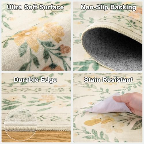 PLHXFR Round Area Rug Living Room: 8 ft Floral Washable Carpet Beige Multi