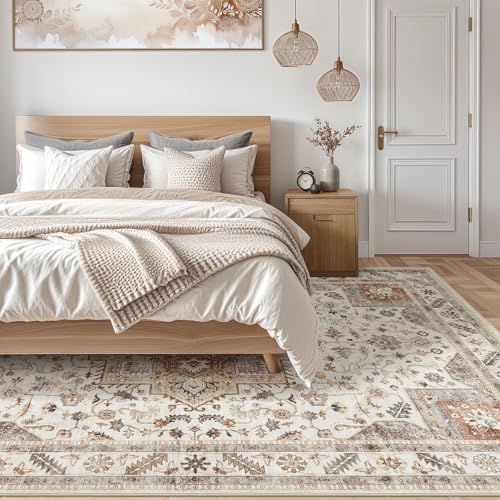 cotiled 5x8 Area Rug for Living Room, Washable, Traditional, Golden Taupe