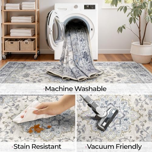 CAPALOCA 9x12 Washable Nursery Girls Low Pile Area Rug Blue White