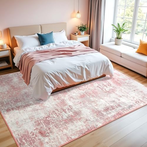 Macgace Washable Abstract Small Area Rug for Bedroom, 3x5 Rugs Pink