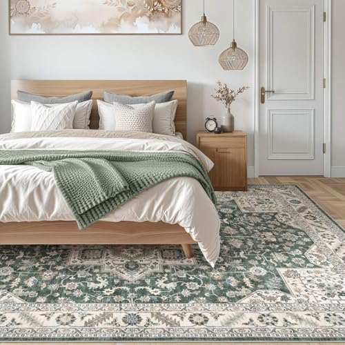 cotiled 5x7 Area Rug for Living Room, Washable, Traditional, Vintage Green