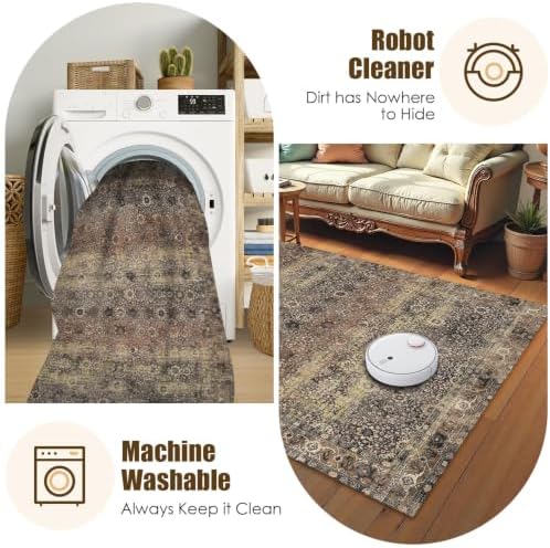 Washable Area Rug 3' x 5 ' Vintage Traditional Persian Mat - Foldable Distressed Non-Slip Machine Washable Carpet for Living Room Bedroom Kitchen Home Decor - Umber and Slate