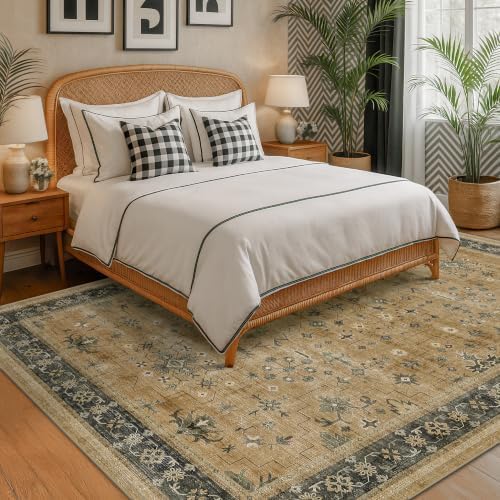 Washable 9x12 Living Room Rug - Vintage Extra Large Area Rugs for Dining Room Under Table, Rustic Brown and Charcoal Olive Low Pile Carpet for Bedroom Under the Bed, Non-Slip Stain & Fade Resistant