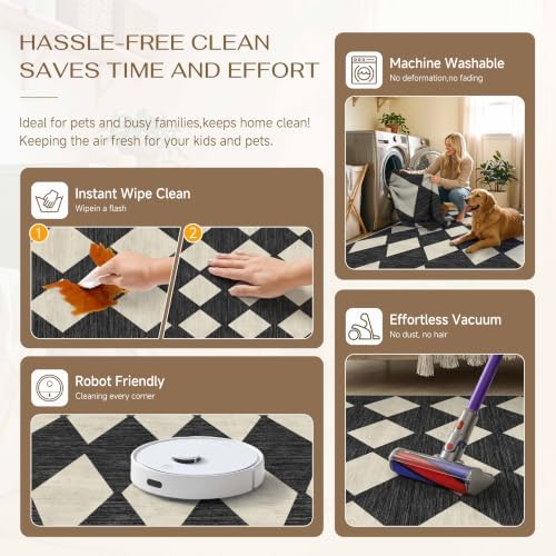 PureCozy Black 9x12 Washable Area Rug Living Room Non Slip Checkered Carpet