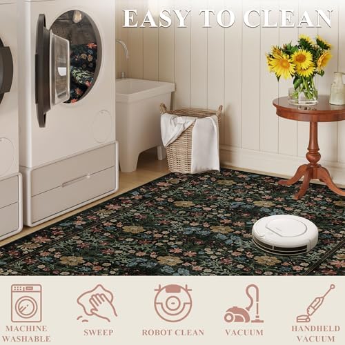DUKINO 3x6 Kitchen Runner Rug, Washable Vintage Floral Area Rug, Black