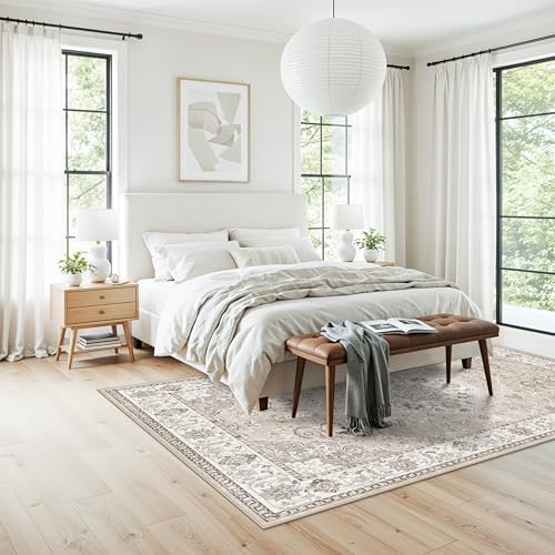 Washable 5x8 Living Room Area Rug: Vintage Water-Resistant Soft Rug for Bedroom Dining Room Non Slip Apartment Low Pile Carpet Thin Floor Mat for Dorm Home Office Printed Beside Rug(5x8,Beige)