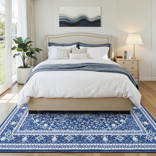 5x7 Area Rugs for Living Room, Washable Non-Slip Rug, Oriental Dark Blue