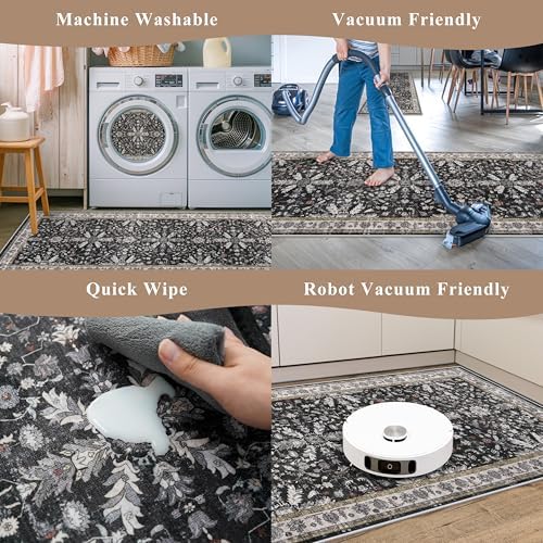 2x3 Rug Non-Slip Washable for Kitchen – Boho Small Throw Rug for Sink & Entryway, Soft Low Pile Thin Indoor Mat for Pet Area & Bathroom (Black, 2x3)
