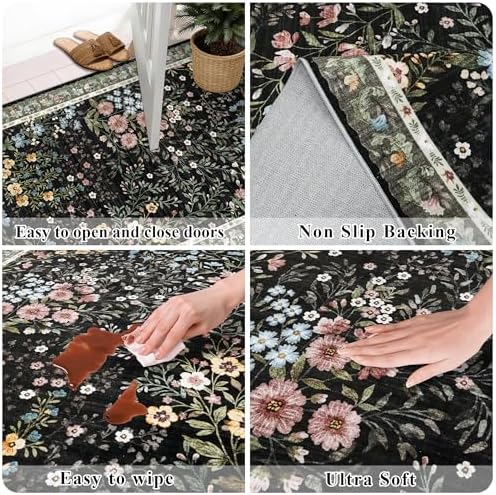 Washable Kitchen Runner Rug 2x5: Vintage Floral Rug for Kitchen Entryway - Machine Washable Non Slip Low Pile Carpet - Soft Foldable Runner for Everyday Family Use - 2'x5' Black