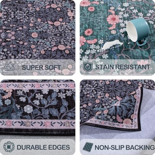 Area Rug for Living Room 10x12 Washable Soft Carpet (Black Flora)