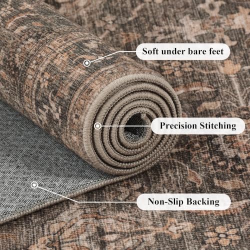 JOOJA 5x7 Dark Brown Vintage Washable Area Rug, Low Pile Living Room Rug