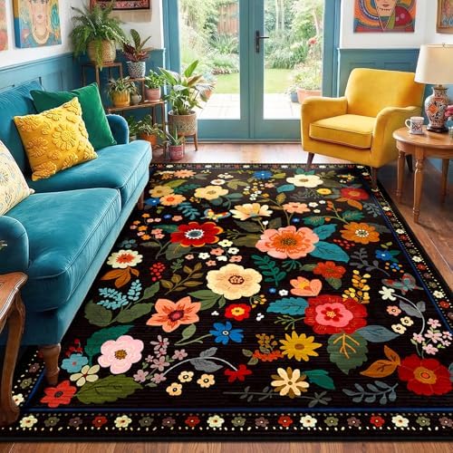 RELEANY Floral Washable 8x10 Area Rugs Black