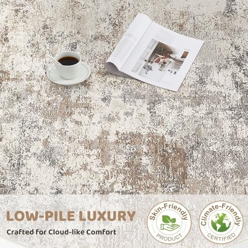 UERMEI 8ft Round Area Rug Living Room Rugs - 8x8 Washable Neutral Modern Abstract Soft Thin Rug Indoor Floor No Slip Rug Carpet for Bedroom Under Dining Table Home Office Decor - Brown Grey
