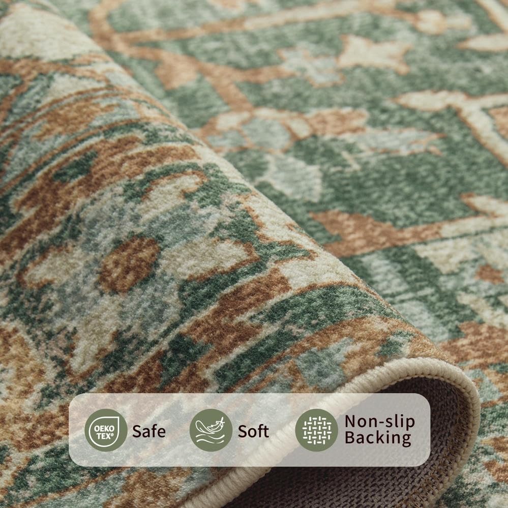Rugxara Area Rugs 5x7 Washable Rug for Living Room Bedroom, Green/Brown