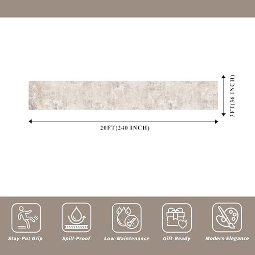 3x20 ft Extra Long Hallway Runner Rug - Non-Slip Washable Floor Runner with Rubber Backing, Modern Low Pile Thin Wide Carpet for Entryway, Kitchen, Living Room (Beige Grey, 3x20)