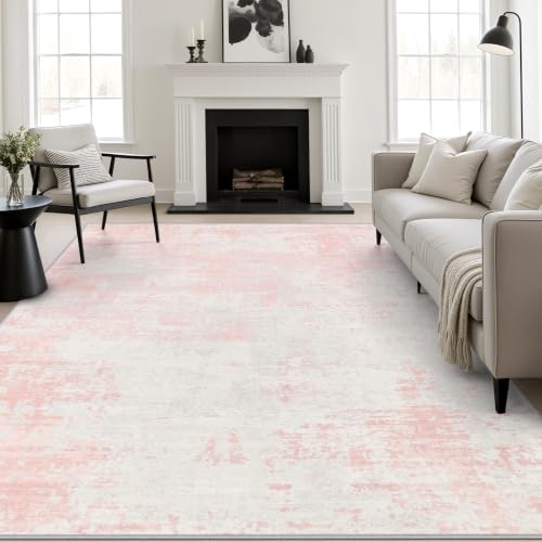 8x10 Area Rug Living Room: Modern Washable Soft Carpet Pink White