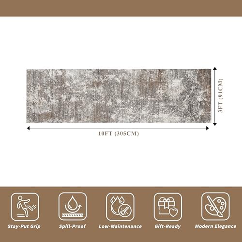 3x10 ft Long Hallway Runner Rug – Non-Slip Washable Kitchen Floor Rug with Rubber Backing, Modern Low Pile Thin Wide Carpet Runners for Bedroom, Entryway Indoor (Brown Beige,3x10)