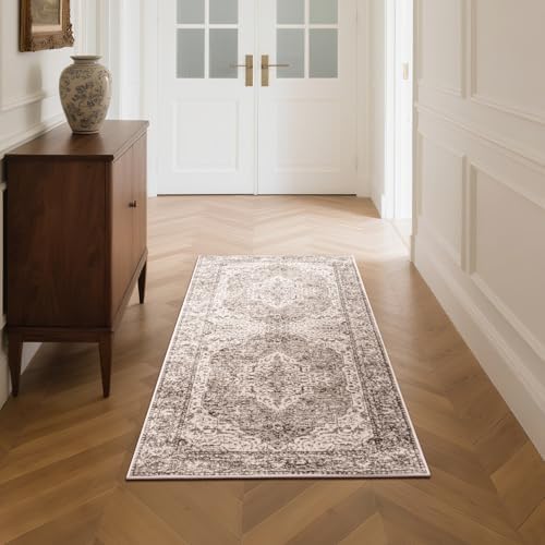 Lofus 2x5 Runner Rug for Hallways, Washable Kitchen Rugs, Non-Slip Rugs for Entryway and Bedroom, Vintage Boho Carpet, Soft Low Pile Long Runner Area Rug, Vintage Beige Brown