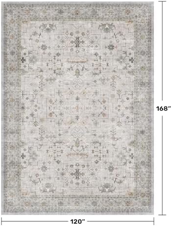 Large Light Gray & Sage 10x14 Living Room Rug - Vintage Floral Area Rug for Dining Room, Washable Low Pile Bedroom Carpet, Modern Eclectic Geometric Decor & Stain Resistance