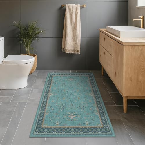 3x4 Teal Rugs for Entryway Indoor - Washable Non Skid Area Rug for Large Kitchen, Bedside, Bathroom, Mudroom, Boho Geometric Floral Design, Non Slip Low Pile Fade Resistant