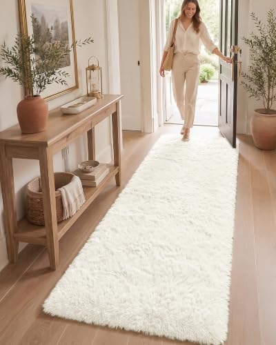 OLANLY 2x6 Machine Washable Runner Rugs for Hallway, Soft Fluffy Shaggy Bedside Rugs for Bedroom, Living Room, Indoor Floor Carpet for Kids Girls and Boys, Nursery Rooms, Home Decor Aesthetic, Ivory