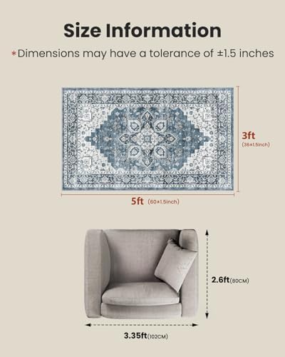 Amada 3x5 Washable Area Rug for Bedroom, Blue, Vintage Pattern