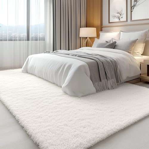 OLANLY 7x12 Machine Washable Large Area Rugs for Living Room, Bedroom, Soft Fluffy Shaggy Bedside Rug, Indoor Floor Carpet for Kids Girls and Boys, Dorms, Nursery, Home Decor Aesthetic, Ivory