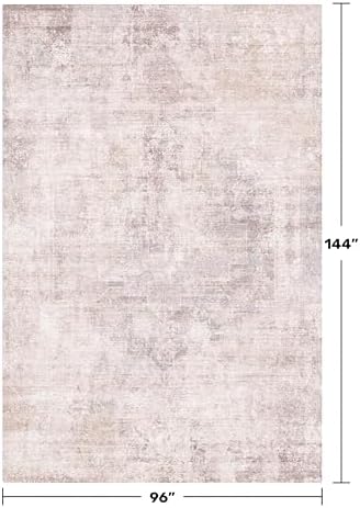 Washable Modern Living Room 8x12 Area Rugs - Pink Mauve and Grey Rug for Dining Room Under Table, Large Bedroom Carpet, Non Slip & Soft, Medallion Distressed Print Pattern, Distressed Design
